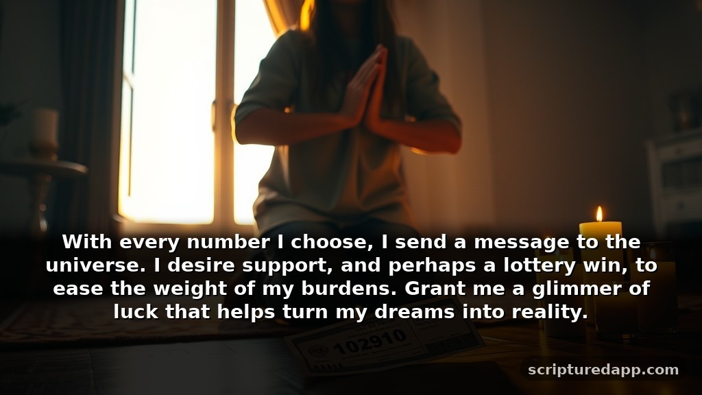 Prayer to Win the Lottery for Difficult Seasons: With every number I choose, I send a message to the universe. I desire support, and perhaps a lottery win, to ease the weight of my burdens. Grant me a glimmer of luck that helps turn my dreams into reality.