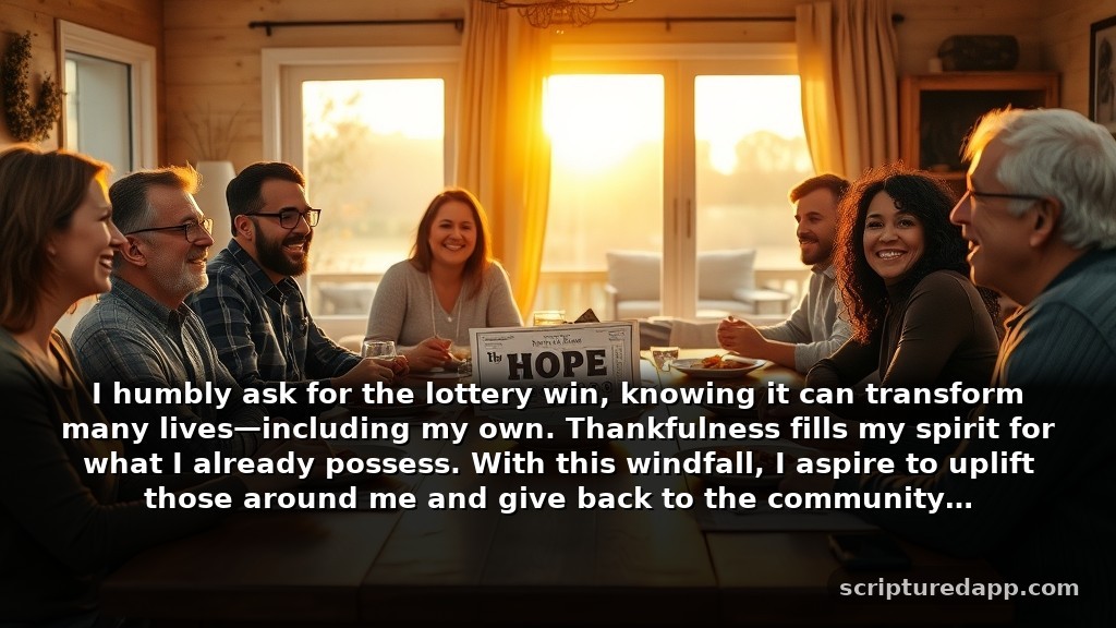 Prayer to Win the Lottery for Gratitude: I humbly ask for the lottery win, knowing it can transform many lives—including my own. Thankfulness fills my spirit for what I already possess. With this windfall, I aspire to uplift those around me and give back to the community.