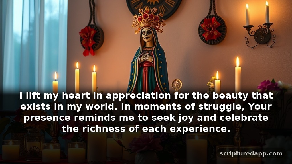 Santa Muerte Prayer for Gratitude and Appreciation: I lift my heart in appreciation for the beauty that exists in my world. In moments of struggle, Your presence reminds me to seek joy and celebrate the richness of each experience.