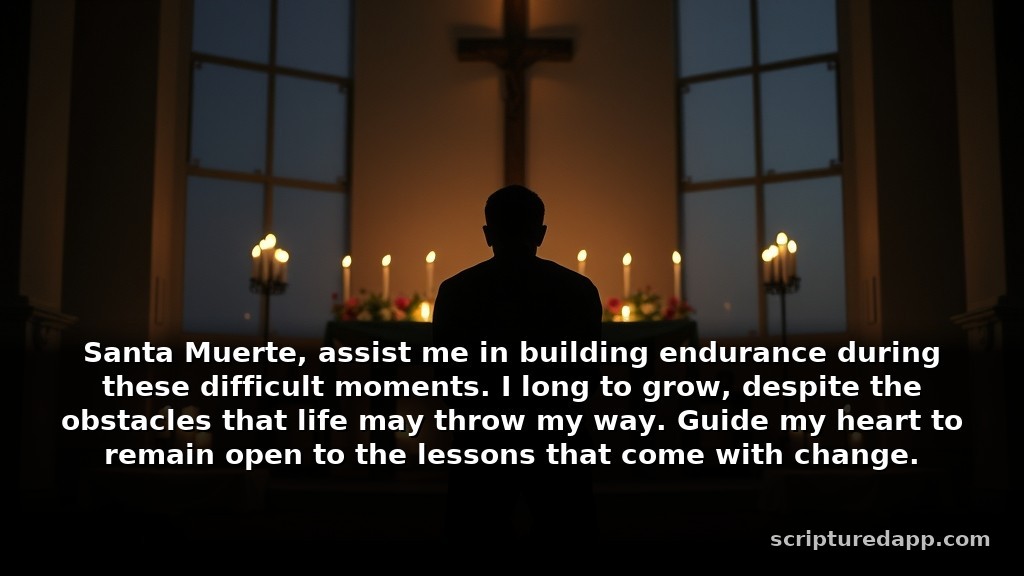Santa Muerte Prayer for Growth During Difficult Seasons: Santa Muerte, assist me in building endurance during these difficult moments. I long to grow, despite the obstacles that life may throw my way. Guide my heart to remain open to the lessons that come with change.