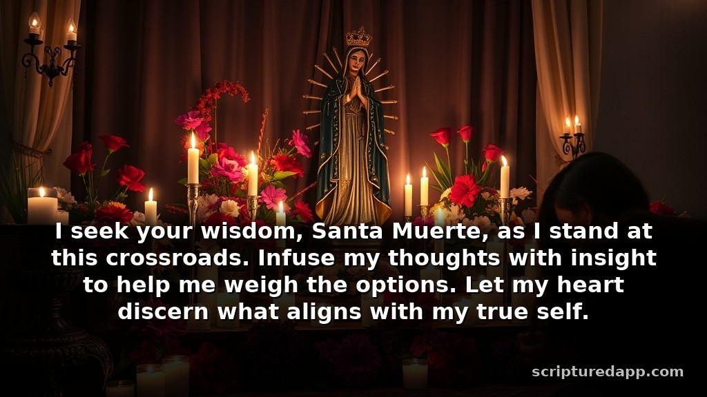 Santa Muerte Prayer for Guidance in Life Decisions: I seek your wisdom, Santa Muerte, as I stand at this crossroads. Infuse my thoughts with insight to help me weigh the options. Let my heart discern what aligns with my true self.