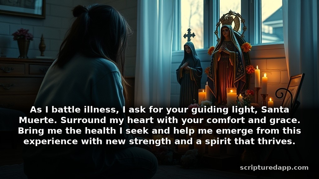 Santa Muerte Prayer for Healing from Illness: As I battle illness, I ask for your guiding light, Santa Muerte. Surround my heart with your comfort and grace. Bring me the health I seek and help me emerge from this experience with new strength and a spirit that thrives.
