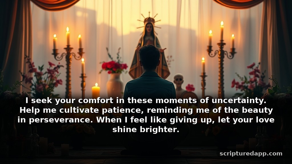 Santa Muerte Prayer for Patience in Difficult Times: I seek your comfort in these moments of uncertainty. Help me cultivate patience, reminding me of the beauty in perseverance. When I feel like giving up, let your love shine brighter.