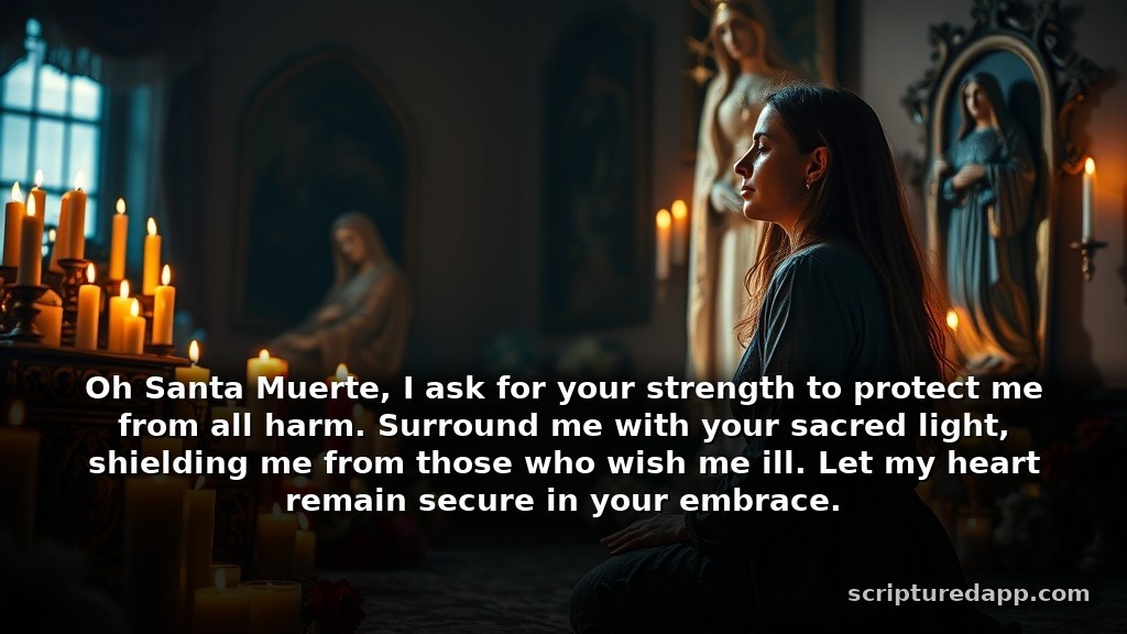 Santa Muerte Prayer for Protection Against Harm: Oh Santa Muerte, I ask for your strength to protect me from all harm. Surround me with your sacred light, shielding me from those who wish me ill. Let my heart remain secure in your embrace.