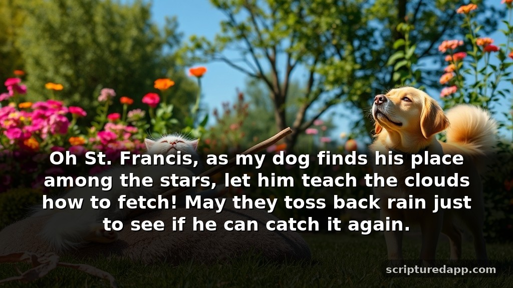 Funny St Francis Prayer for Loss of Pet: Oh St. Francis, as my dog finds his place among the stars, let him teach the clouds how to fetch! May they toss back rain just to see if he can catch it again.