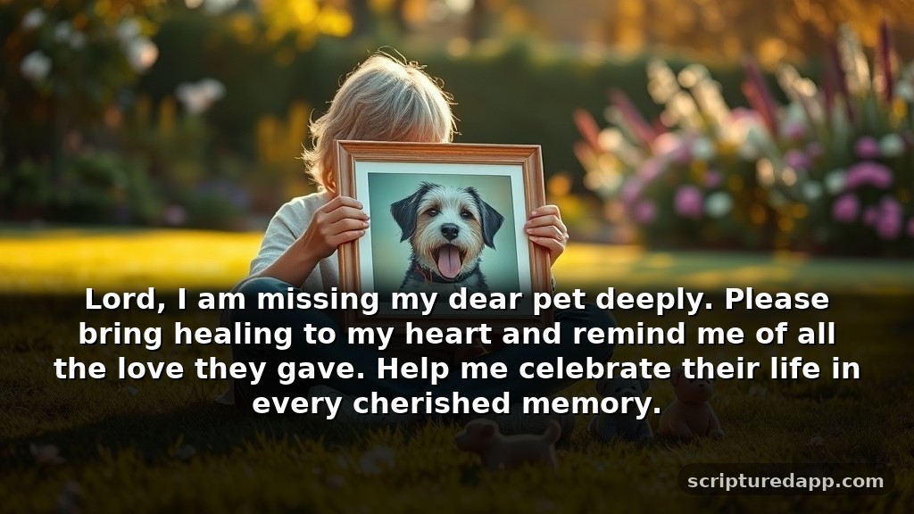 Short St Francis Prayer for Loss of Pet: Lord, I am missing my dear pet deeply. Please bring healing to my heart and remind me of all the love they gave. Help me celebrate their life in every cherished memory.