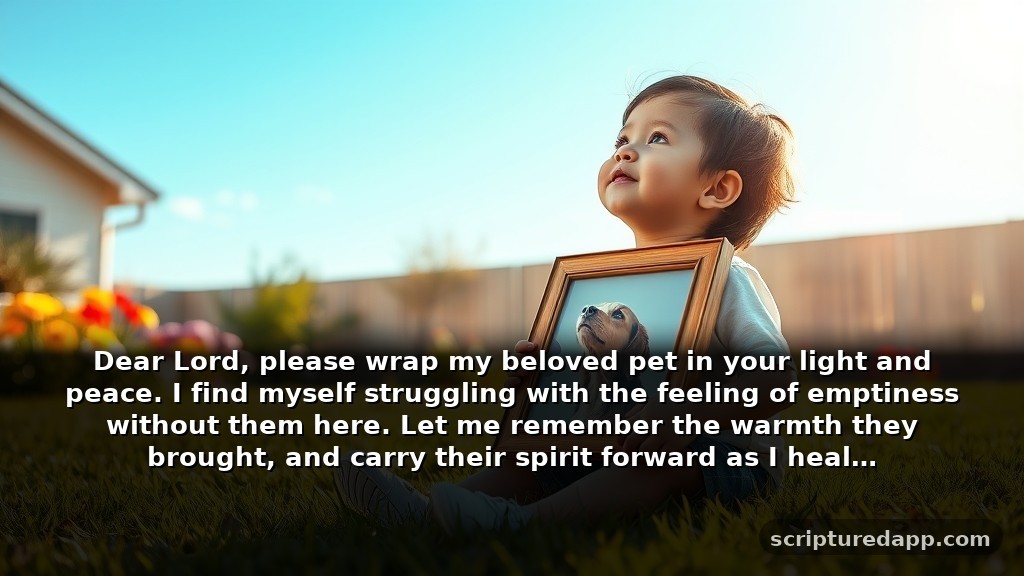 St Francis Prayer for Loss of Pet for Children: Dear Lord, please wrap my beloved pet in your light and peace. I find myself struggling with the feeling of emptiness without them here. Let me remember the warmth they brought, and carry their spirit forward as I heal.