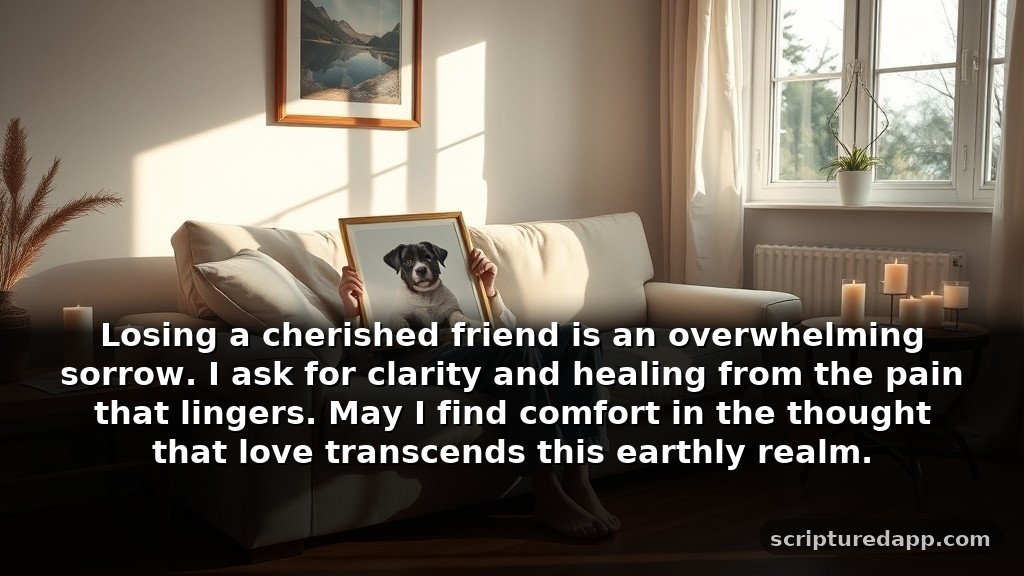 St Francis Prayer for Loss of Pet and Healing: Losing a cherished friend is an overwhelming sorrow. I ask for clarity and healing from the pain that lingers. May I find comfort in the thought that love transcends this earthly realm.