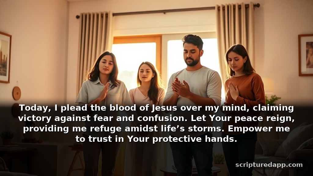 The Strongest Prayer for Pleading the Blood of Jesus for Protection: Today, I plead the blood of Jesus over my mind, claiming victory against fear and confusion. Let Your peace reign, providing me refuge amidst life’s storms. Empower me to trust in Your protective hands.