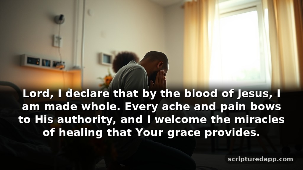 The Strongest Prayer for Pleading the Blood of Jesus for Healing: Lord, I declare that by the blood of Jesus, I am made whole. Every ache and pain bows to His authority, and I welcome the miracles of healing that Your grace provides.