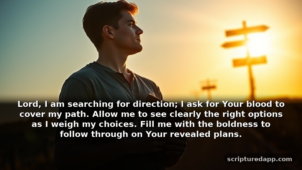 The Strongest Prayer for Pleading the Blood of Jesus for Guidance: Lord, I am searching for direction; I ask for Your blood to cover my path. Allow me to see clearly the right options as I weigh my choices. Fill me with the boldness to follow through on Your revealed plans.