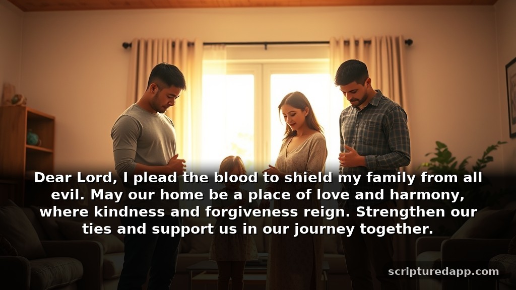 The Strongest Prayer for Pleading the Blood of Jesus for Family: Dear Lord, I plead the blood to shield my family from all evil. May our home be a place of love and harmony, where kindness and forgiveness reign. Strengthen our ties and support us in our journey together.