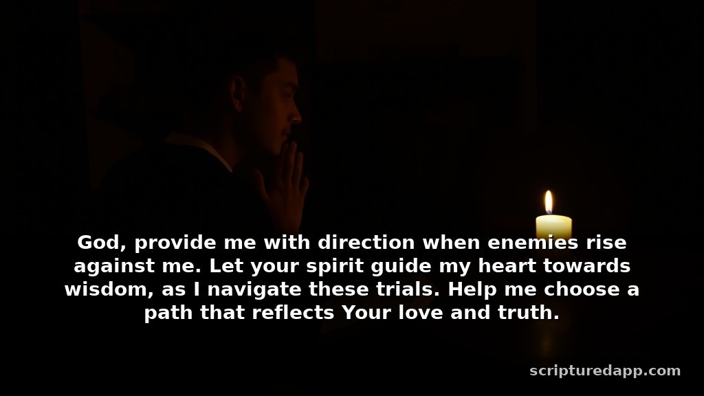 Dangerous Prayers Against Enemies with Bible Verses for Guidance: God, provide me with direction when enemies rise against me. Let your spirit guide my heart towards wisdom, as I navigate these trials. Help me choose a path that reflects Your love and truth.