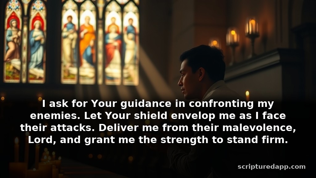 Powerful Dangerous Prayers Against Enemies with Bible Verses for Protection: I ask for Your guidance in confronting my enemies. Let Your shield envelop me as I face their attacks. Deliver me from their malevolence, Lord, and grant me the strength to stand firm.