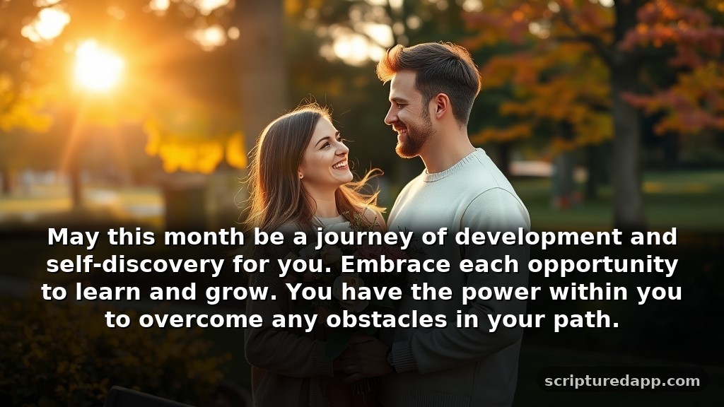 Happy New Month Prayers to My Love for Growth: May this month be a journey of development and self-discovery for you. Embrace each opportunity to learn and grow. You have the power within you to overcome any obstacles in your path.