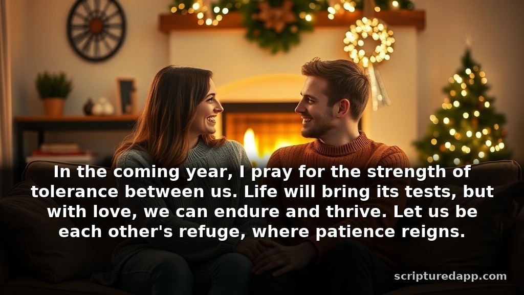 Happy New Year Prayer to My Love for Patience: In the coming year, I pray for the strength of tolerance between us. Life will bring its tests, but with love, we can endure and thrive. Let us be each other's refuge, where patience reigns.