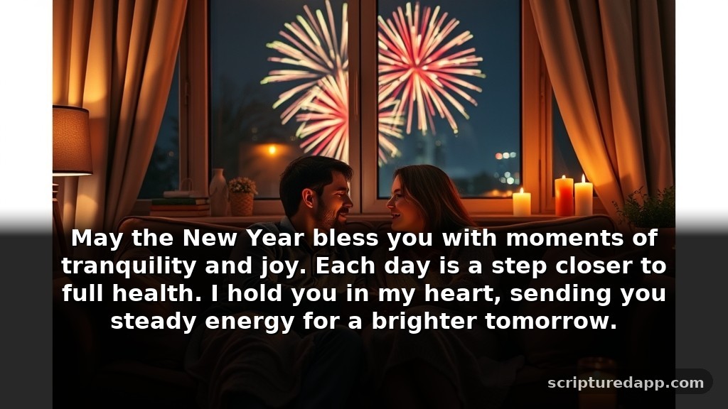 Happy New Year Prayer to My Love for Healing: May the New Year bless you with moments of tranquility and joy. Each day is a step closer to full health. I hold you in my heart, sending you steady energy for a brighter tomorrow.