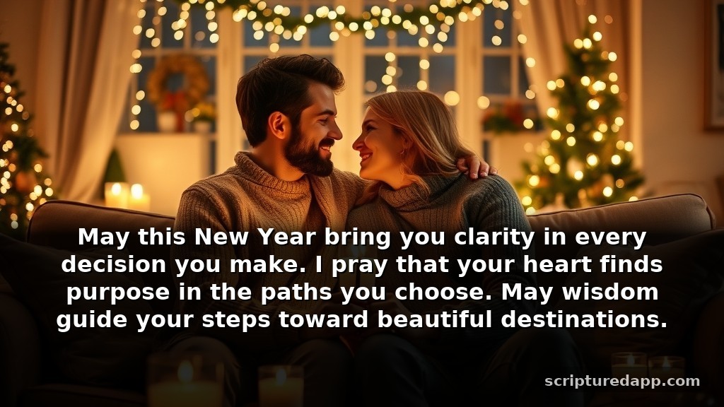 Happy New Year Prayer to My Love for Guidance: May this New Year bring you clarity in every decision you make. I pray that your heart finds purpose in the paths you choose. May wisdom guide your steps toward beautiful destinations.