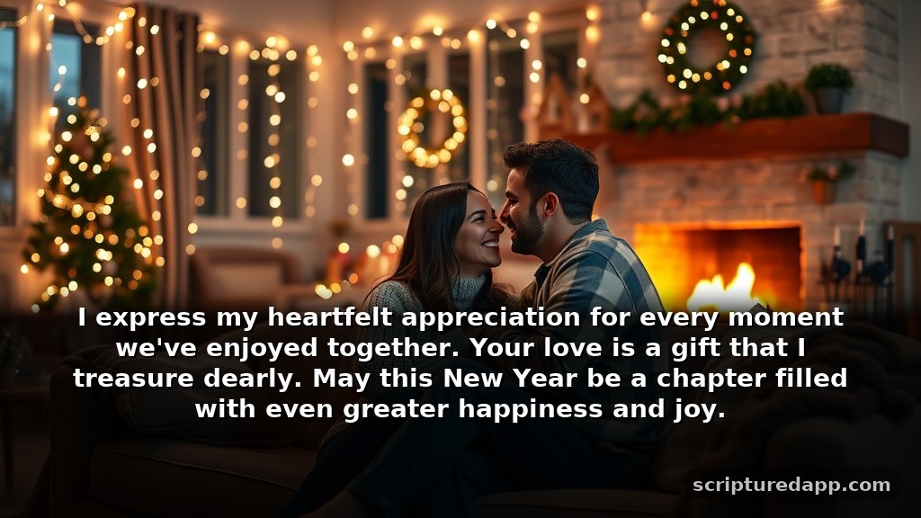 Happy New Year Prayer to My Love for Gratitude: I express my heartfelt appreciation for every moment we've enjoyed together. Your love is a gift that I treasure dearly. May this New Year be a chapter filled with even greater happiness and joy.