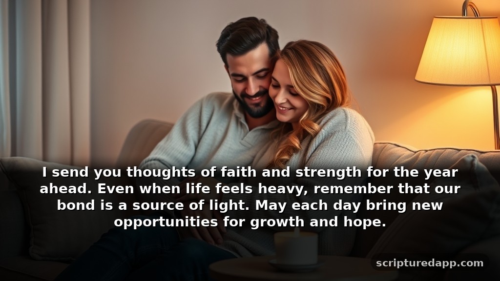 Happy New Year Prayer to My Love during Difficult Seasons: I send you thoughts of faith and strength for the year ahead. Even when life feels heavy, remember that our bond is a source of light. May each day bring new opportunities for growth and hope.