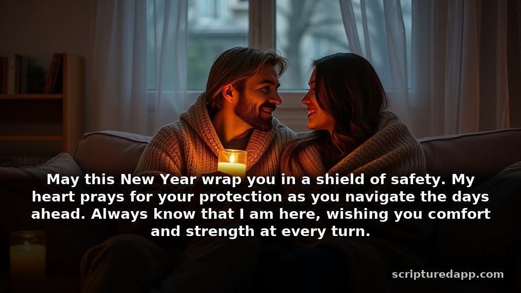 Happy New Year Prayer to My Love for Protection: May this New Year wrap you in a shield of safety. My heart prays for your protection as you navigate the days ahead. Always know that I am here, wishing you comfort and strength at every turn.