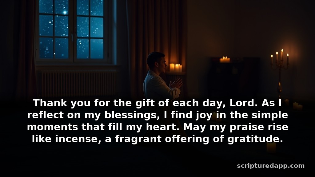 Midnight Prayer for Gratitude and Praise: Thank you for the gift of each day, Lord. As I reflect on my blessings, I find joy in the simple moments that fill my heart. May my praise rise like incense, a fragrant offering of gratitude.