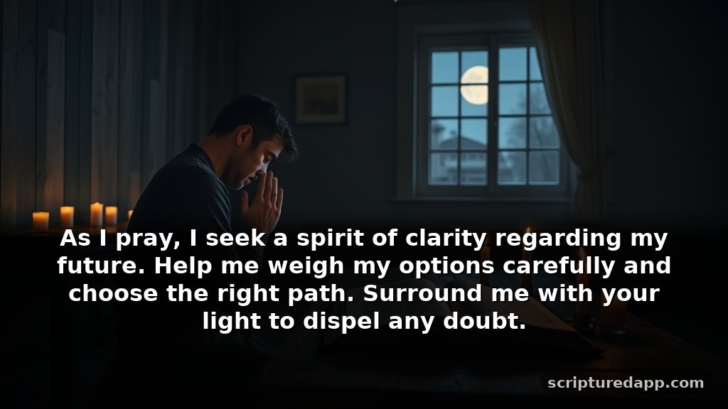 Midnight Prayer for Guidance and Wisdom: As I pray, I seek a spirit of clarity regarding my future. Help me weigh my options carefully and choose the right path. Surround me with your light to dispel any doubt.
