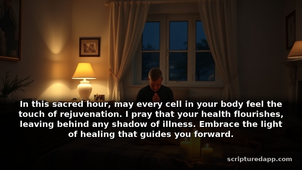 Midnight Prayer for Healing and Restoration: In this sacred hour, may every cell in your body feel the touch of rejuvenation. I pray that your health flourishes, leaving behind any shadow of illness. Embrace the light of healing that guides you forward.