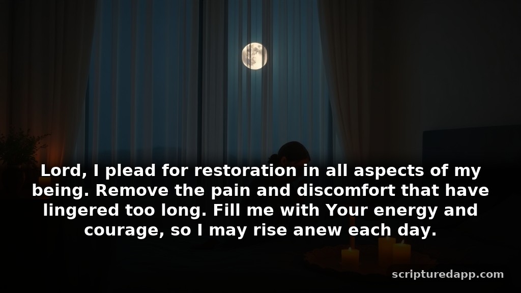Midnight Prayer Points for Mercy and Healing: Lord, I plead for restoration in all aspects of my being. Remove the pain and discomfort that have lingered too long. Fill me with Your energy and courage, so I may rise anew each day.