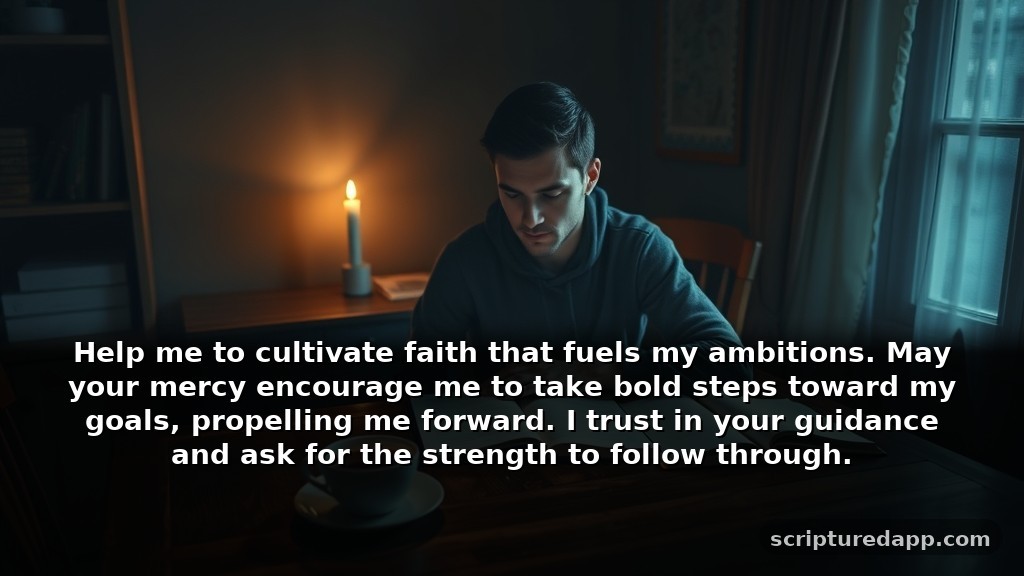 Midnight Prayer Points for Mercy and Growth: Help me to cultivate faith that fuels my ambitions. May your mercy encourage me to take bold steps toward my goals, propelling me forward. I trust in your guidance and ask for the strength to follow through.