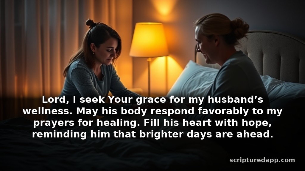 Night Prayer for My Husband's Healing: Lord, I seek Your grace for my husband’s wellness. May his body respond favorably to my prayers for healing. Fill his heart with hope, reminding him that brighter days are ahead.