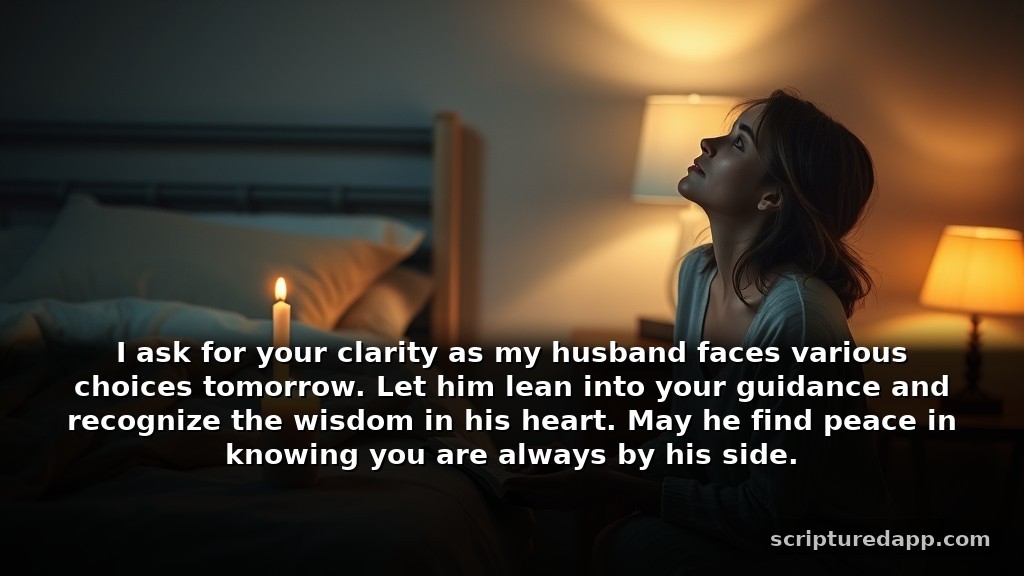 Night Prayer for My Husband's Guidance: I ask for your clarity as my husband faces various choices tomorrow. Let him lean into your guidance and recognize the wisdom in his heart. May he find peace in knowing you are always by his side.