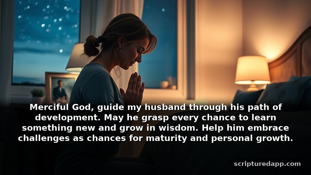 Night Prayer for My Husband's Growth: Merciful God, guide my husband through his path of development. May he grasp every chance to learn something new and grow in wisdom. Help him embrace challenges as chances for maturity and personal growth.