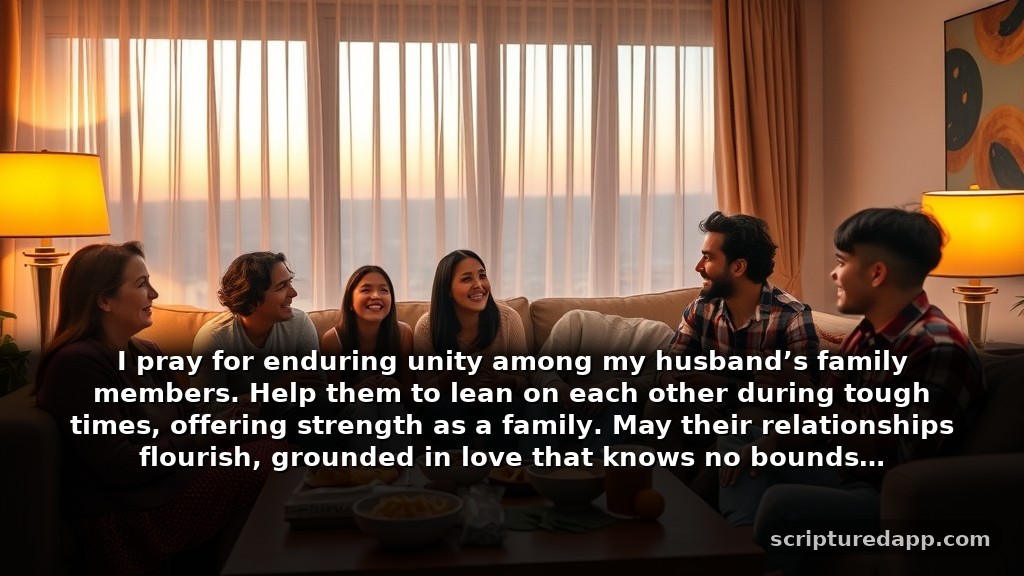 Night Prayer for My Husband's Family: I pray for enduring unity among my husband’s family members. Help them to lean on each other during tough times, offering strength as a family. May their relationships flourish, grounded in love that knows no bounds.