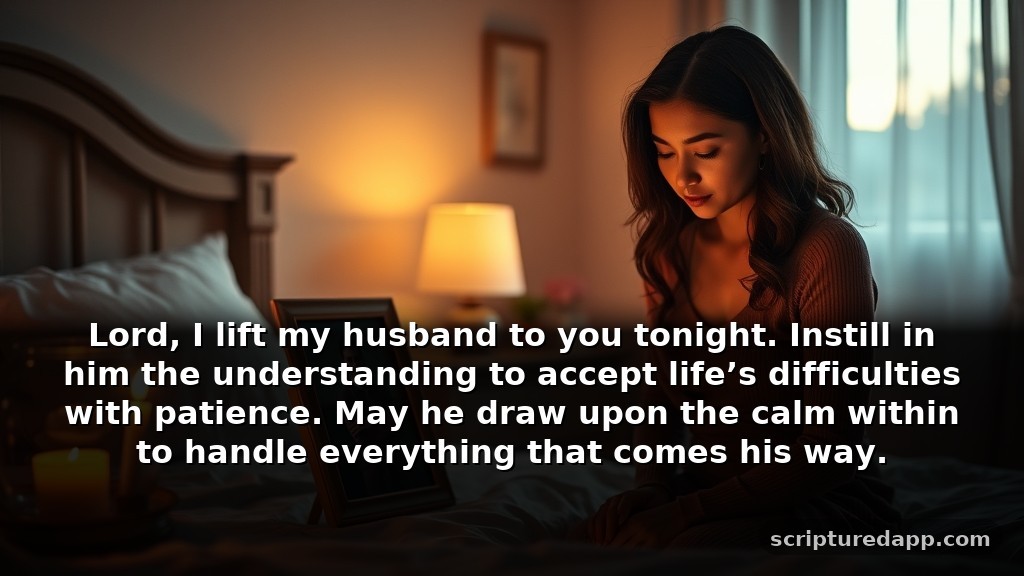 Night Prayer for My Husband's Patience: Lord, I lift my husband to you tonight. Instill in him the understanding to accept life’s difficulties with patience. May he draw upon the calm within to handle everything that comes his way.