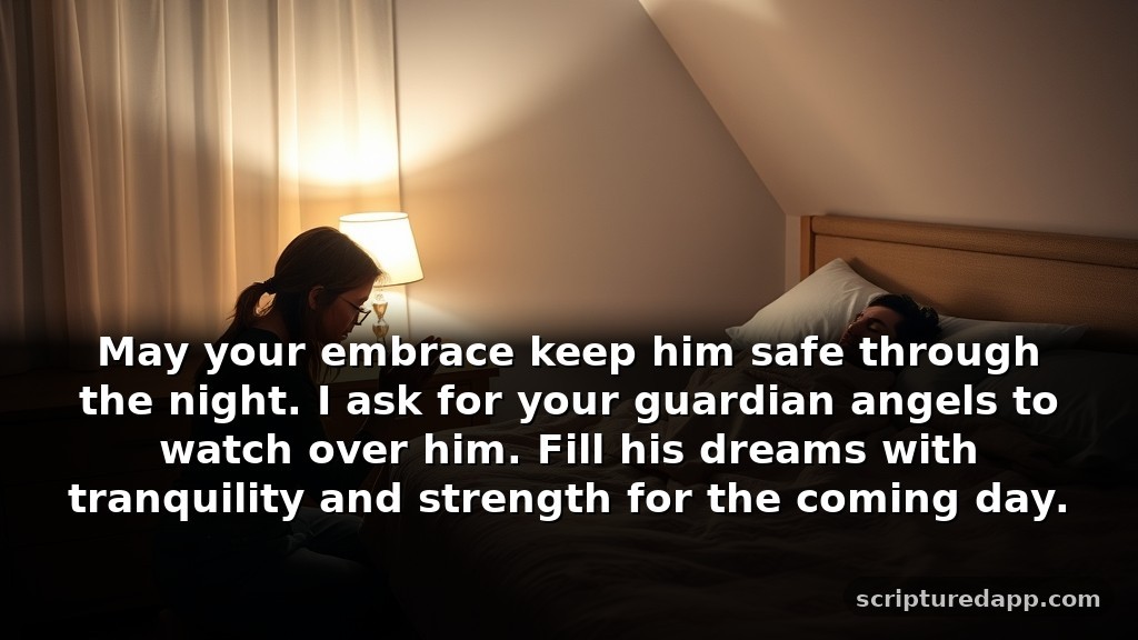 Short Night Prayer for My Husband's Protection: May your embrace keep him safe through the night. I ask for your guardian angels to watch over him. Fill his dreams with tranquility and strength for the coming day.