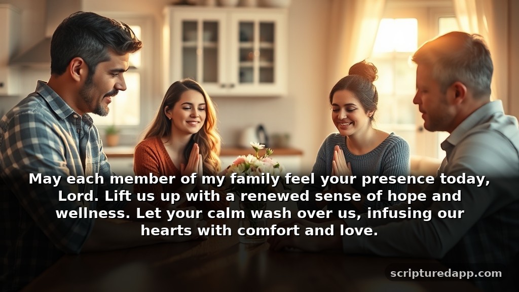 Powerful Morning Prayer for My Family's Healing: May each member of my family feel your presence today, Lord. Lift us up with a renewed sense of hope and wellness. Let your calm wash over us, infusing our hearts with comfort and love.