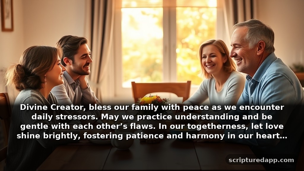 Powerful Morning Prayer for My Family's Patience: Divine Creator, bless our family with peace as we encounter daily stressors. May we practice understanding and be gentle with each other’s flaws. In our togetherness, let love shine brightly, fostering patience and harmony in our hearts.