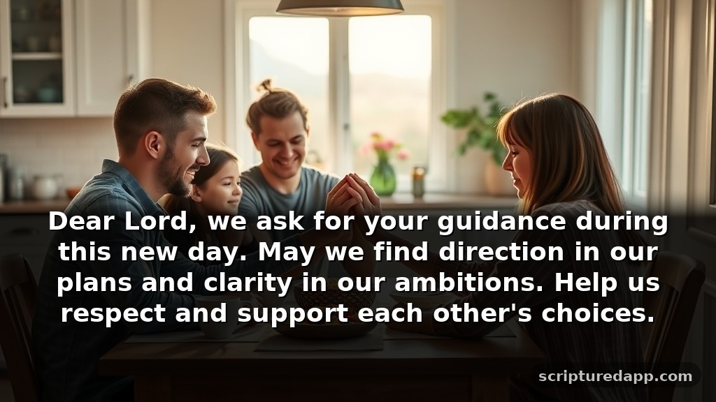 Powerful Morning Prayer for My Family's Guidance: Dear Lord, we ask for your guidance during this new day. May we find direction in our plans and clarity in our ambitions. Help us respect and support each other's choices.