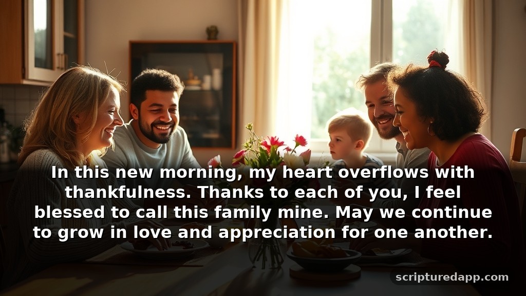 Powerful Morning Prayer for My Family's Gratitude: In this new morning, my heart overflows with thankfulness. Thanks to each of you, I feel blessed to call this family mine. May we continue to grow in love and appreciation for one another.