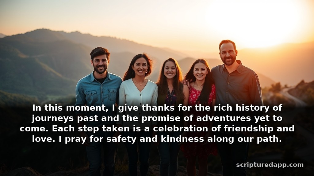 Gratitude Prayer for Safe Travel and Protection: In this moment, I give thanks for the rich history of journeys past and the promise of adventures yet to come. Each step taken is a celebration of friendship and love. I pray for safety and kindness along our path.