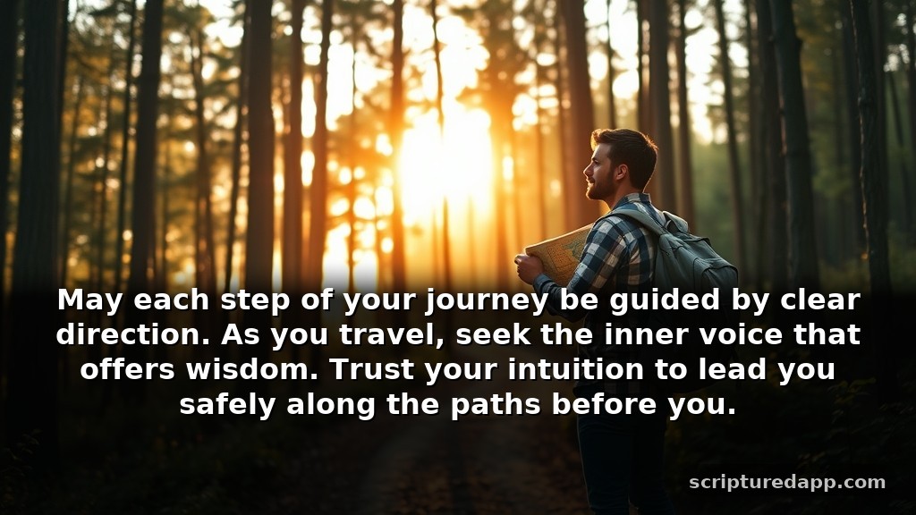 Guidance Prayer for Safe Travel and Protection: May each step of your journey be guided by clear direction. As you travel, seek the inner voice that offers wisdom. Trust your intuition to lead you safely along the paths before you.