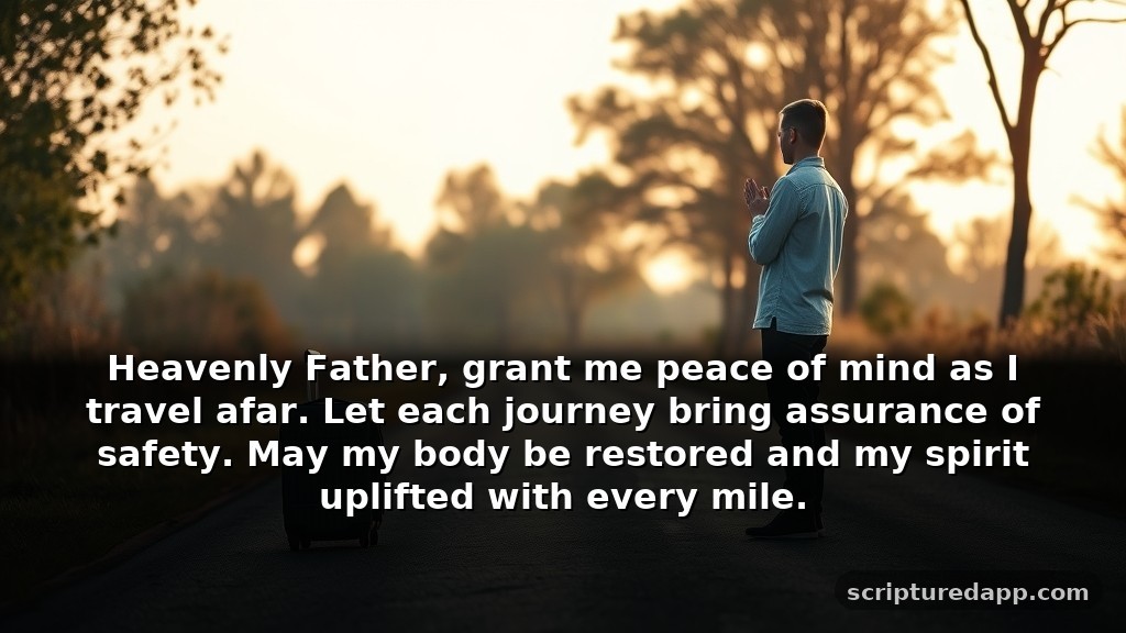 Healing Prayer for Safe Travel and Protection: Heavenly Father, grant me peace of mind as I travel afar. Let each journey bring assurance of safety. May my body be restored and my spirit uplifted with every mile.