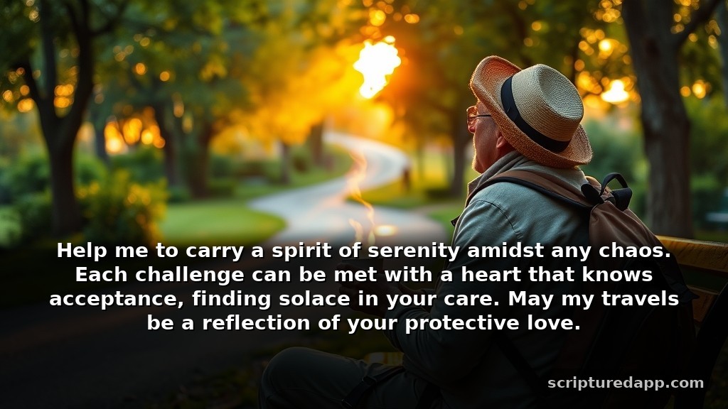 Patience Prayer for Safe Travel and Protection: Help me to carry a spirit of serenity amidst any chaos. Each challenge can be met with a heart that knows acceptance, finding solace in your care. May my travels be a reflection of your protective love.