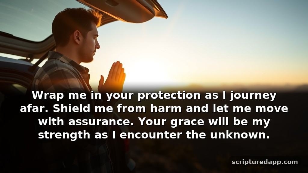 Protection Prayer for Safe Travel and Protection: Wrap me in your protection as I journey afar. Shield me from harm and let me move with assurance. Your grace will be my strength as I encounter the unknown.