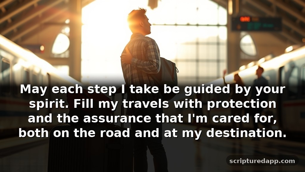Short Prayer for Safe Travel and Protection: May each step I take be guided by your spirit. Fill my travels with protection and the assurance that I'm cared for, both on the road and at my destination.