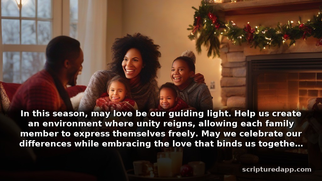 Prayer for the Month of December for Family: In this season, may love be our guiding light. Help us create an environment where unity reigns, allowing each family member to express themselves freely. May we celebrate our differences while embracing the love that binds us together.