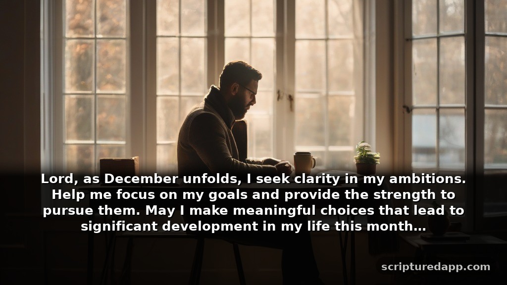 Prayer for the Month of December for Growth: Lord, as December unfolds, I seek clarity in my ambitions. Help me focus on my goals and provide the strength to pursue them. May I make meaningful choices that lead to significant development in my life this month.