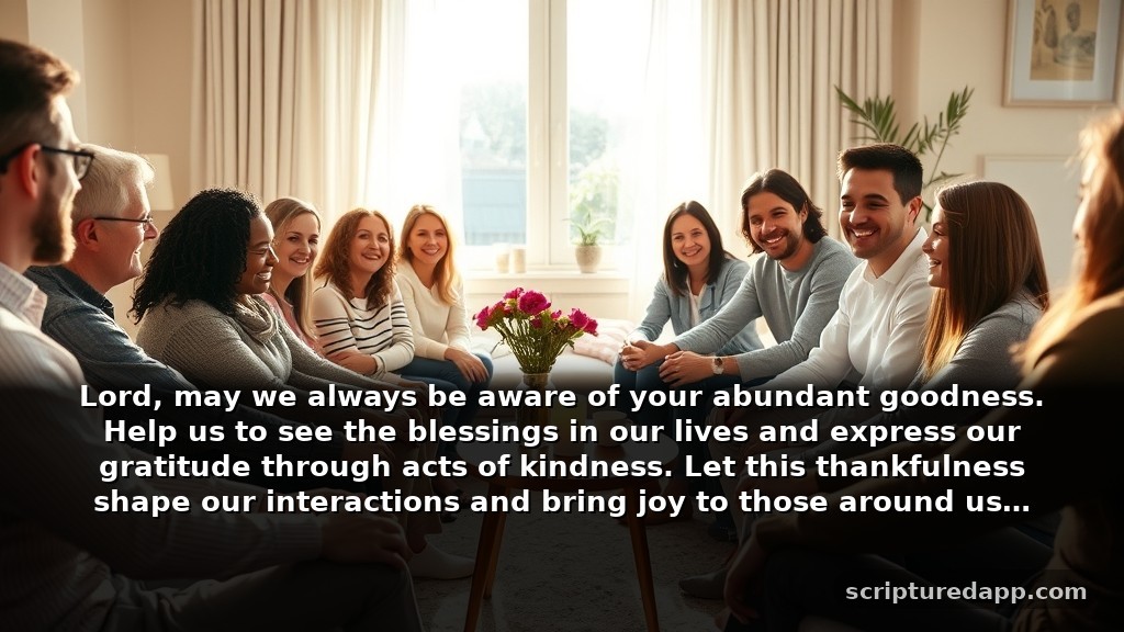 Prayer Meeting Exhortation Topics for Gratitude: Lord, may we always be aware of your abundant goodness. Help us to see the blessings in our lives and express our gratitude through acts of kindness. Let this thankfulness shape our interactions and bring joy to those around us.