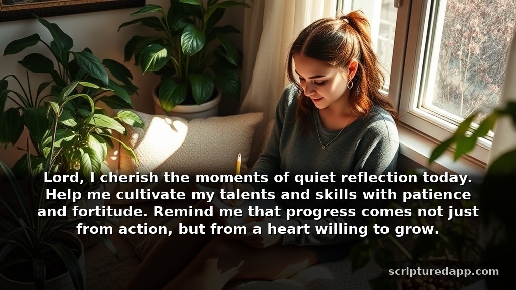 Saturday Blessings and Prayers for Growth: Lord, I cherish the moments of quiet reflection today. Help me cultivate my talents and skills with patience and fortitude. Remind me that progress comes not just from action, but from a heart willing to grow.